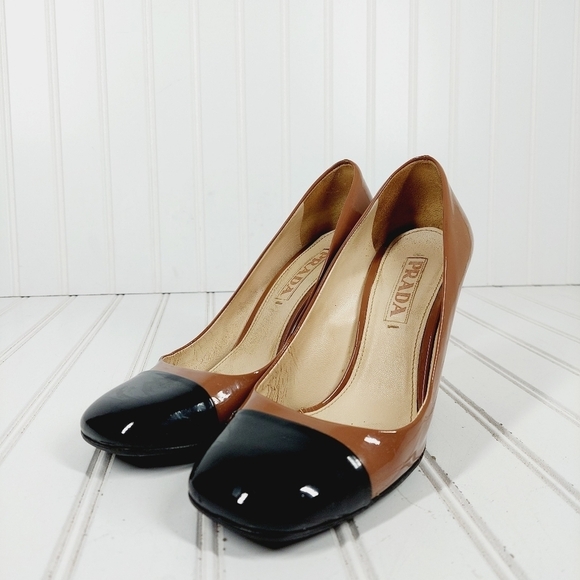 Prada Black Brown Patent Leather Square Toe Slip On Block Heel Pumps B237 - Picture 1 of 15
